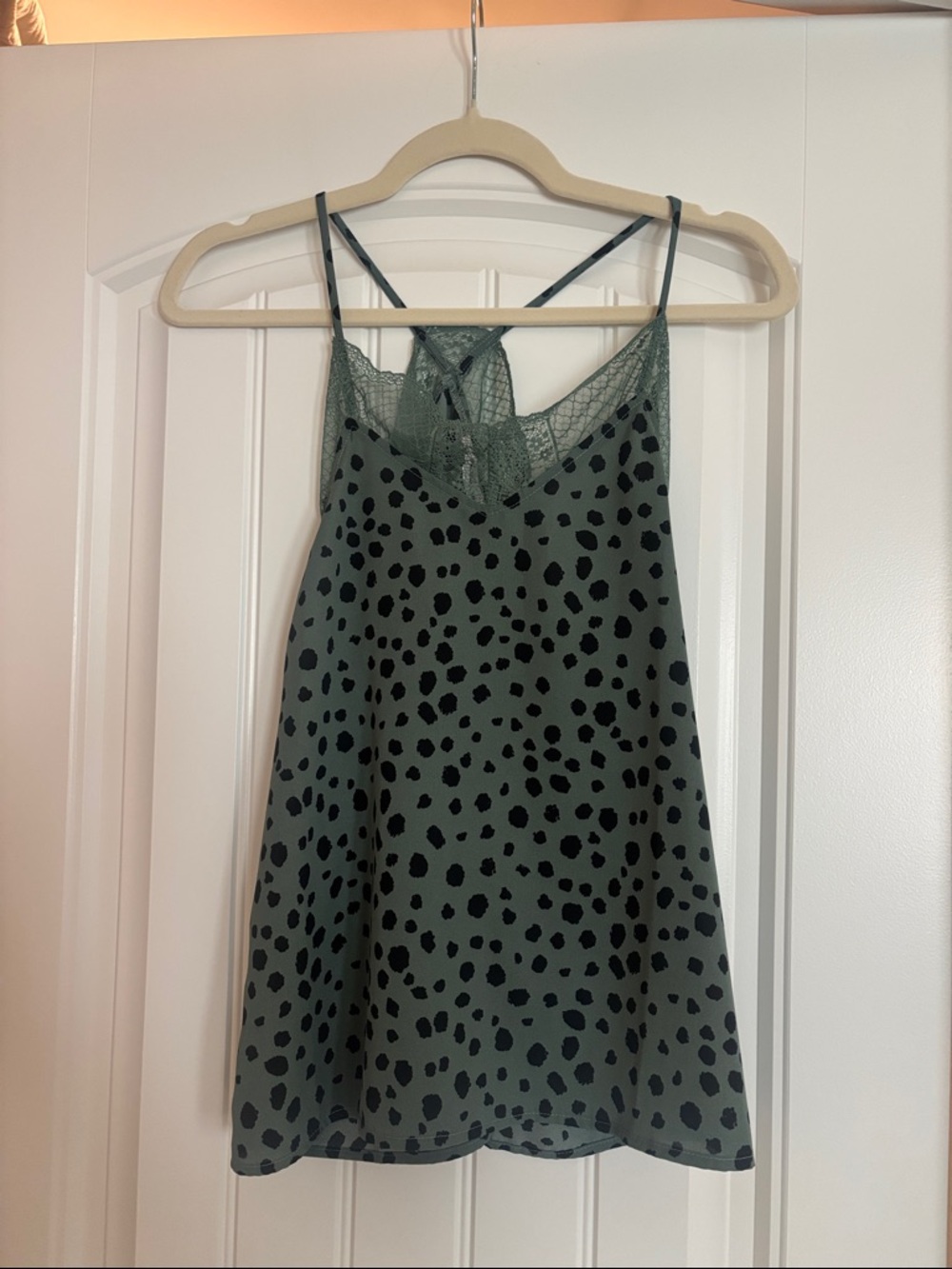 MACARON Sage Green and Black Spotted Lace-Trim Cami
